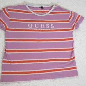 Guess Los Angeles Women's Purple Orange White Striped T-Shirt Size Medium